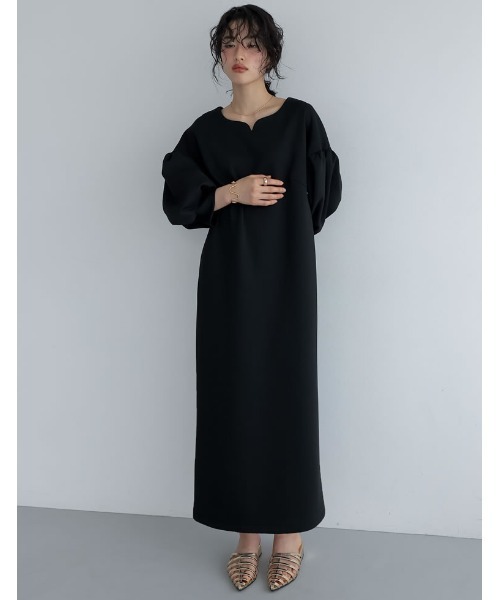 Re:EDIT（リエディ）の「[低身長サイズ有][イージーケア]2WAYダンボールハートネックパフスリーブナローワンピース（ワンピース・レディース・ブラック/アイボリー・SHORT/MEDIUM/LARGE）」の9枚目の写真