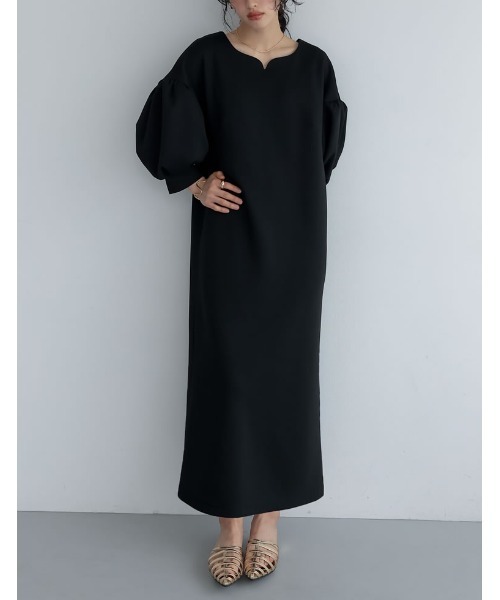 Re:EDIT（リエディ）の「[低身長サイズ有][イージーケア]2WAYダンボールハートネックパフスリーブナローワンピース（ワンピース・レディース・ブラック/アイボリー・SHORT/MEDIUM/LARGE）」の11枚目の写真