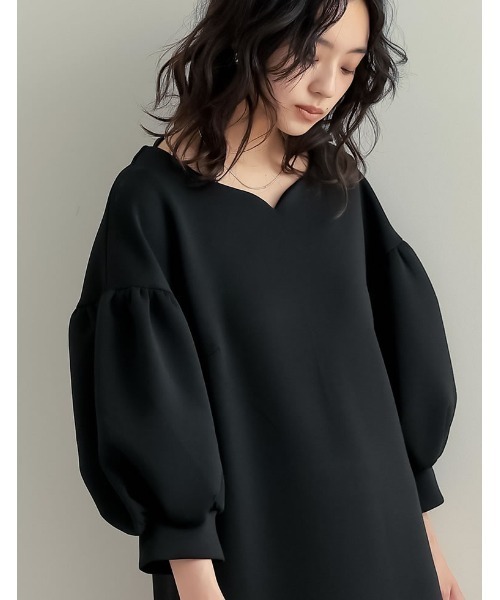 Re:EDIT（リエディ）の「[低身長サイズ有][イージーケア]2WAYダンボールハートネックパフスリーブナローワンピース（ワンピース・レディース・ブラック/アイボリー・SHORT/MEDIUM/LARGE）」の21枚目の写真