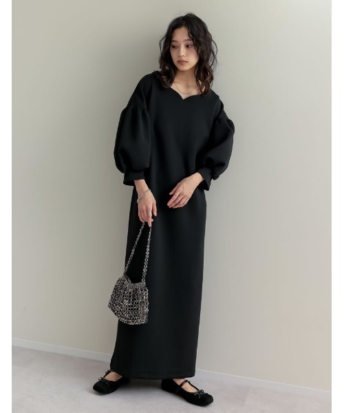 Re:EDIT（リエディ）の「[低身長サイズ有][イージーケア]2WAYダンボールハートネックパフスリーブナローワンピース（ワンピース・レディース・ブラック/アイボリー・SHORT/MEDIUM/LARGE）」の22枚目の写真