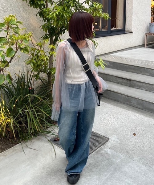 nemne store(ネンネストア)の「【低身長サイズあり】シャーリングチュールチュニック(シャツ/ブラウス・レディース・グレー/アイボリー・MEDIUM/SMALL)」の4枚目の写真