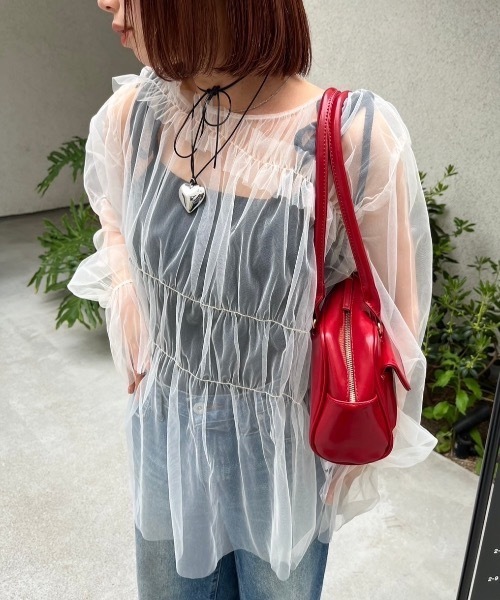 nemne store(ネンネストア)の「【低身長サイズあり】シャーリングチュールチュニック(シャツ/ブラウス・レディース・グレー/アイボリー・MEDIUM/SMALL)」の10枚目の写真