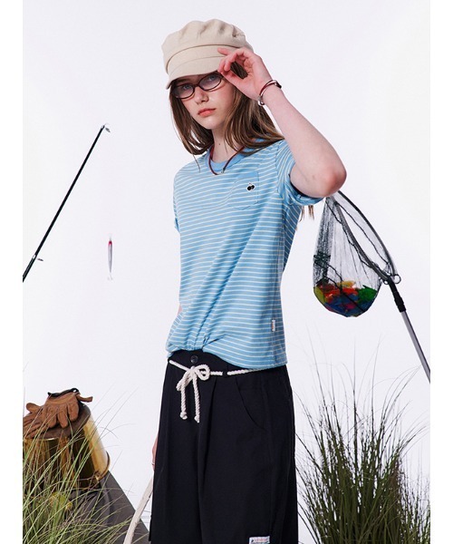 KIRSH（キルシー）の「KIRSH MONO CHERRY STRIPE T-SHIRT キルシー ユニ モノ チェリー ストライプ Tシャツ（Tシャツ/カットソー・レディース・スカイブルー/ネイビー/ライトオレンジ系・ONE SIZE）」の2枚目の写真