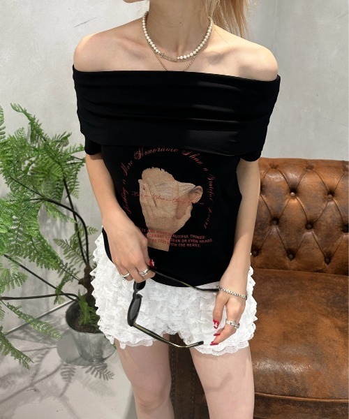sedacle girl(セダクルガール)の「プリントオフショルトップス(Tシャツ/カットソー・レディース・ブラック/オフホワイト・MEDIUM/SMALL)」の11枚目の写真