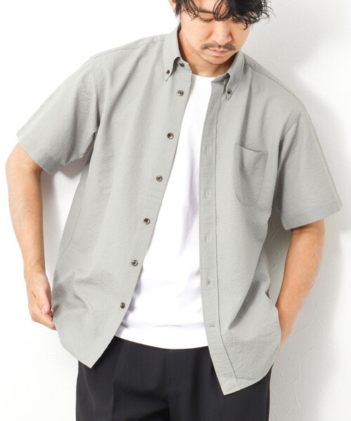 NOLLEY’S（ノーリーズ）の「DotAirサッカー 撥水BD半袖シャツ（シャツ/ブラウス・メンズ・グレイッシュベージュ/ホワイト系その他4/ネイビー/チャコールグレー・L/M）」の3枚目の写真