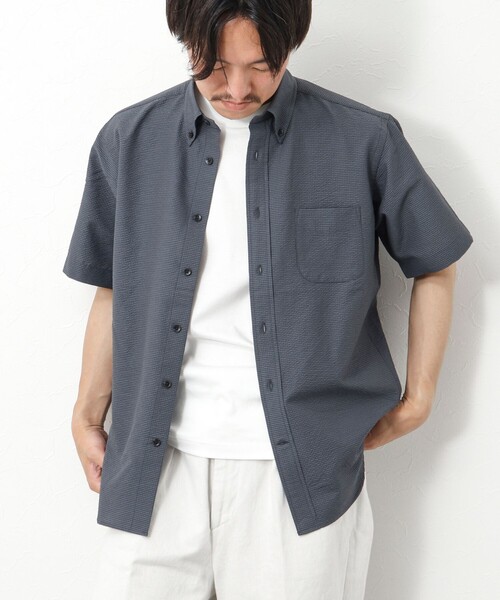 NOLLEY’S（ノーリーズ）の「DotAirサッカー 撥水BD半袖シャツ（シャツ/ブラウス・メンズ・グレイッシュベージュ/ホワイト系その他4/ネイビー/チャコールグレー・L/M）」の2枚目の写真