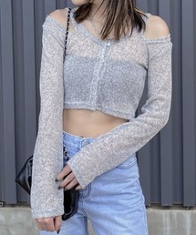 オフショルダーシアーカーディガン/off shoulder sheer cardigan 長袖 クルーネック サマーニット フロントボタン レイヤード メランジ 大人カジュアル シンプル 韓国 Y2K バレエコア グレー ライトグレー