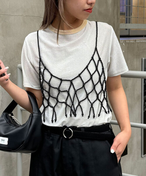 CIAOPANIC(チャオパニック)の「リンガーグリッターTシャツ(Tシャツ/カットソー・レディース・ブラック/アイボリー/オレンジ/シルバー・ONE SIZE)」の5枚目の写真