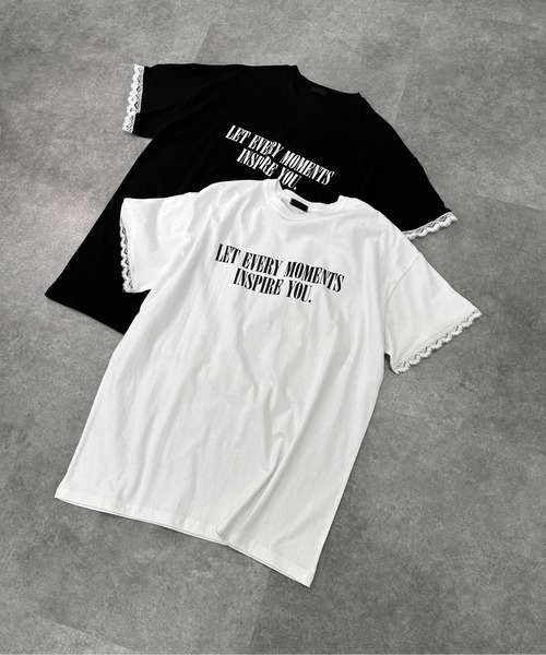 jiasecond.(ジアセカンド)の「【jiasecond.】袖レースプリントオーバーTシャツ / トップス カットソー 半袖 Tシャツ プリント オーバー レース ブラック ホワイト(Tシャツ/カットソー・レディース・ホワイト/ブラック・FREE)」の1枚目の写真