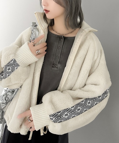 mily bilet(ミウィビレット)の「【mily bilet】上質な肌触り、スタイリッシュアウター。ジャガードテープ使いドロスト付き指穴シャギーファーブルゾン(ブルゾン・レディース・グレイッシュベージュ/ブラック/ベージュ系その他・X-LARGE/SMALL/MEDIUM/LARGE)」の16枚目の写真