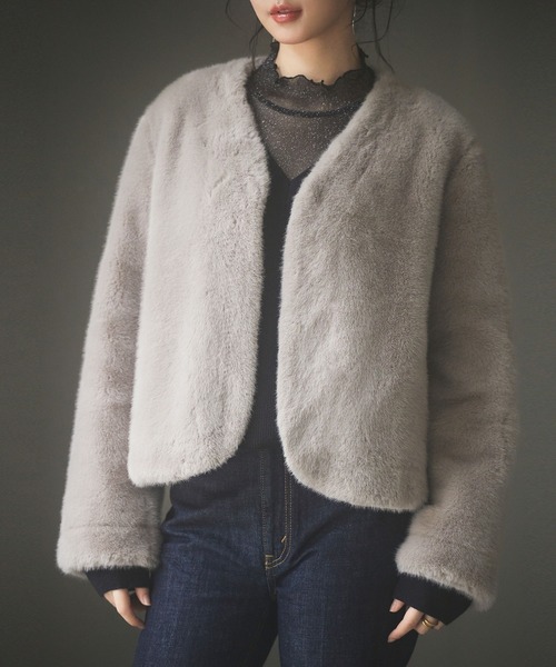 セール】もこもこフェイクファーノーカラージャケット（ノーカラー