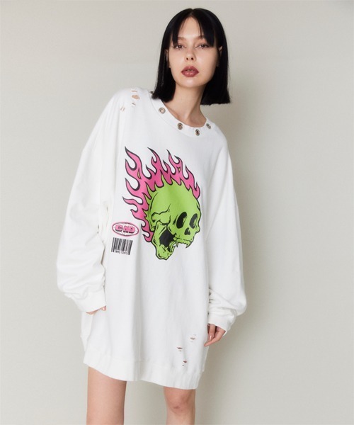Candy Stripper(キャンディストリッパー)の「FIRE SKULL DAMAGE スウェット(スウェット・レディース・ブラック/ヘザーグレー/オフホワイト・2)」の22枚目の写真