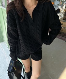 ケーブル柄 ポロネックトップス＋ショートパンツ