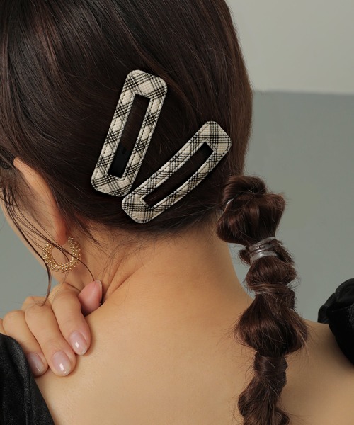 チェック柄 スクエア パッチン留め スリーピン ヘアピン