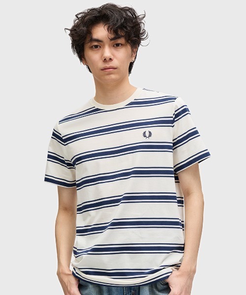 即発 フレッドペリー ファインストライプTシャツ M6581 Fine Stripe T-Shirt(M 267：NAVY / SNOW WHITE): | FRED PERRY