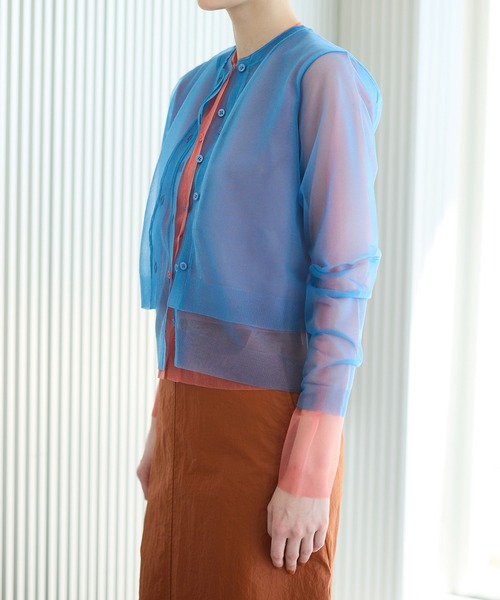 LE CIEL BLEU（ルシェルブルー）の「シアーレイヤードカーディガン / Sheer Layered Cardigan（カーディガン/ボレロ・レディース・ライトイエロー/グレー/ピンク/ターコイズブルー・36）」の20枚目の写真