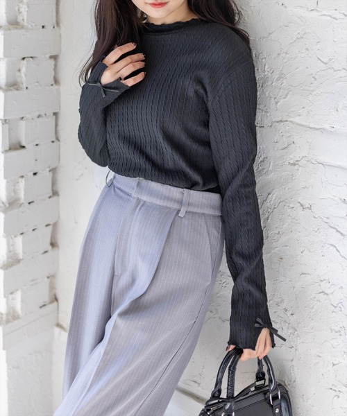 clear（クリア）の「袖口リボンメロウプチハイ長袖カットソートップス[ガーリー 着回し抜群]≪新色追加≫（Tシャツ/カットソー・レディース・アイボリー/グレー/ブラック/ベージュ・F）」の3枚目の写真