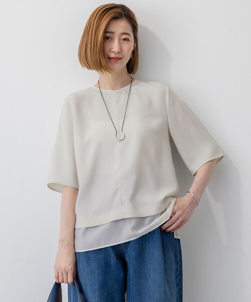 【洗える/接触冷感/UVケア】ストレッチジョーゼット シアーコンビ カットソー 洗える/接触冷感/UVケア】ストレッチジョーゼット シアーコンビ カットソー