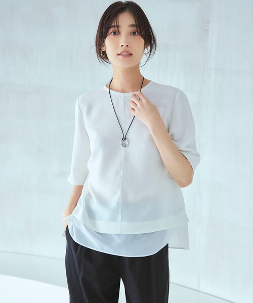 今期【吸水速乾、接触冷感】ストレッチジョーゼット シアーコンビ カットソー 23区 tシャツ 「吸水速乾/UVカット/接触冷感」ストレッチジョー