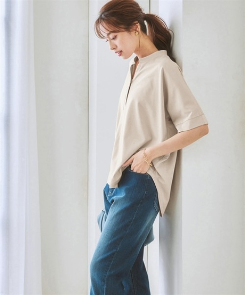 7days Life Styling（セブンデイズライフスタイリング）の「ブラウス見えシルケットポンチスキッパーチュニックカットソートップス<大きいサイズ有>（Tシャツ/カットソー・レディース・グレイッシュベージュ/ブラック/サックスブルー/オフホワイト・S/M/L/LL/3L）」の17枚目の写真