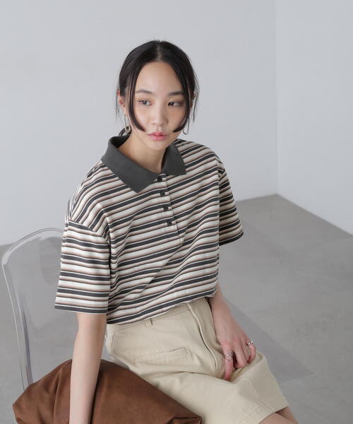 FREE'S MART(フリーズマート)の「ボーダーポロクロップドトップス(ポロシャツ・レディース・ボルドー/グレー/ネイビー・FREE)」の5枚目の写真