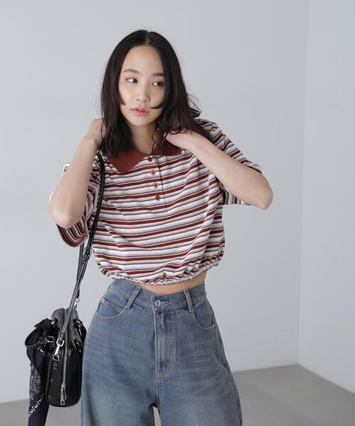 FREE'S MART(フリーズマート)の「ボーダーポロクロップドトップス(ポロシャツ・レディース・ボルドー/グレー/ネイビー・FREE)」の15枚目の写真