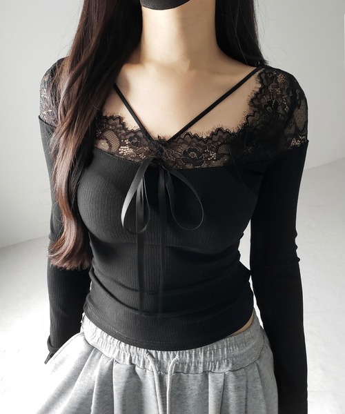 売れ筋商品|||エンドレスローズ カットソー トップス レディース Women's Pearl Trim Top Black 2color 】クロスストラップレース切替リブトップス ／ cross