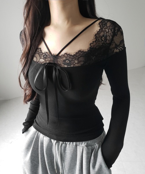 me+em select(ミームセレクト)の「【 2color 】クロスストラップレース切替リブトップス / cross strap lace switching ribbed tops(Tシャツ/カットソー・レディース・ブラック/ホワイト・FREE)」の15枚目の写真
