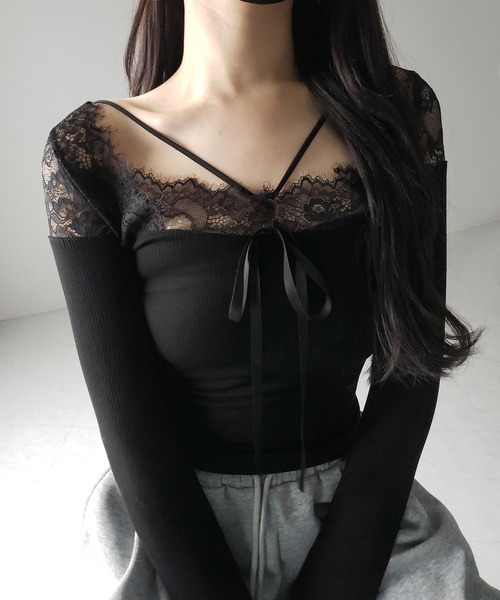 me+em select(ミームセレクト)の「【 2color 】クロスストラップレース切替リブトップス / cross strap lace switching ribbed tops(Tシャツ/カットソー・レディース・ブラック/ホワイト・FREE)」の19枚目の写真
