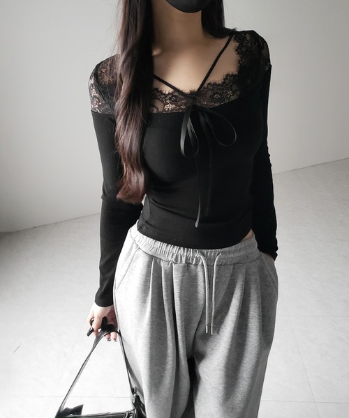 セール】【 2color 】クロスストラップレース切替リブトップス