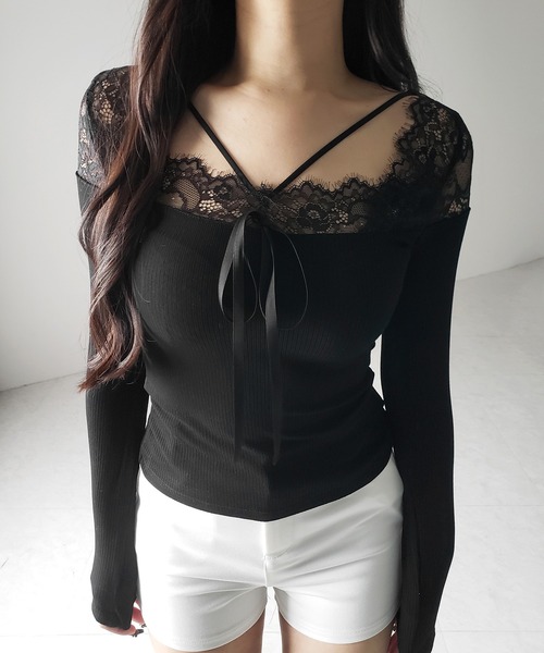 me+em select(ミームセレクト)の「【 2color 】クロスストラップレース切替リブトップス / cross strap lace switching ribbed tops(Tシャツ/カットソー・レディース・ブラック/ホワイト・FREE)」の21枚目の写真