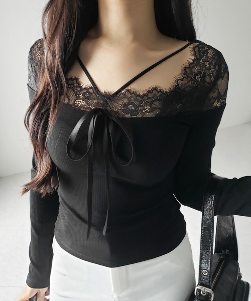 me+em select(ミームセレクト)の「【 2color 】クロスストラップレース切替リブトップス / cross strap lace switching ribbed tops(Tシャツ/カットソー・レディース・ブラック/ホワイト・FREE)」の22枚目の写真