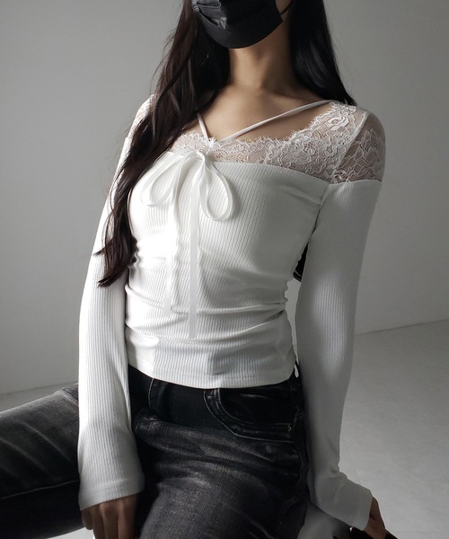 me+em select(ミームセレクト)の「【 2color 】クロスストラップレース切替リブトップス / cross strap lace switching ribbed tops(Tシャツ/カットソー・レディース・ブラック/ホワイト・FREE)」の13枚目の写真