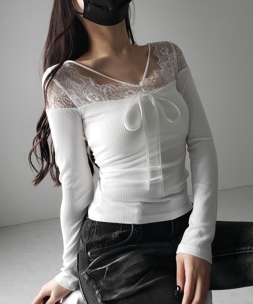 me+em select(ミームセレクト)の「【 2color 】クロスストラップレース切替リブトップス / cross strap lace switching ribbed tops(Tシャツ/カットソー・レディース・ブラック/ホワイト・FREE)」の14枚目の写真