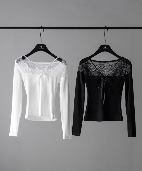 me+em select(ミームセレクト)の「【 2color 】クロスストラップレース切替リブトップス / cross strap lace switching ribbed tops(Tシャツ/カットソー・レディース・ブラック/ホワイト・FREE)」の3枚目の写真