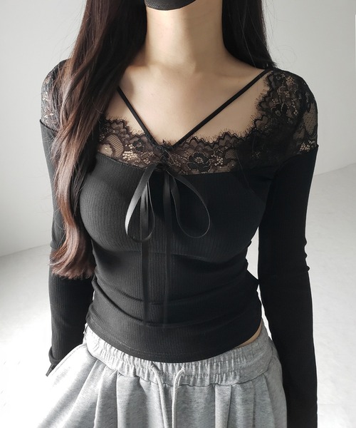 me+em select(ミームセレクト)の「【 2color 】クロスストラップレース切替リブトップス / cross strap lace switching ribbed tops(Tシャツ/カットソー・レディース・ブラック/ホワイト・FREE)」の16枚目の写真