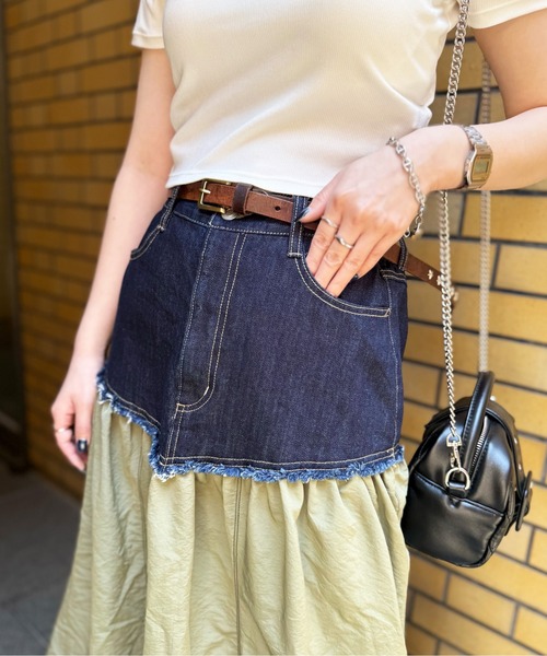 DOUBLE NAME（ダブルネーム）の「デニムドッキングギャザースカート（スカート・レディース・オフホワイト/カーキ・FREE）」の7枚目の写真