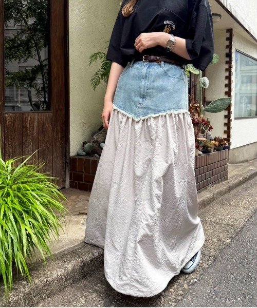 DOUBLE NAME（ダブルネーム）の「デニムドッキングギャザースカート（スカート・レディース・オフホワイト/カーキ・FREE）」の13枚目の写真