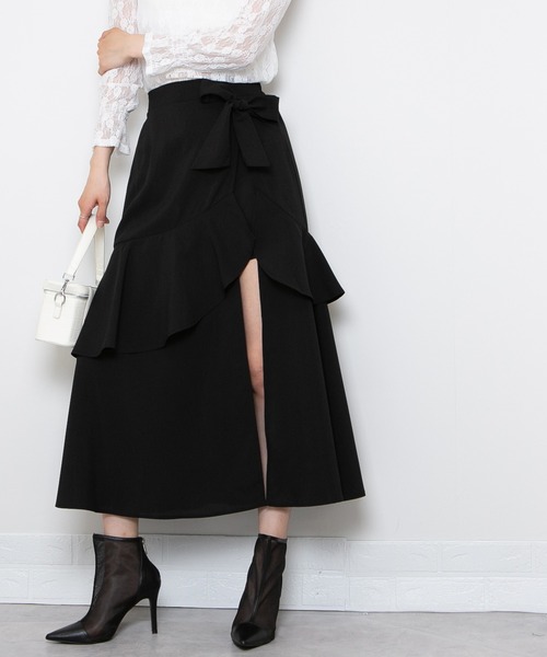 bpnフリル付きブラックロングスカート M 美品 BPN ブラックピースナウ ロングジャケット スカート セット