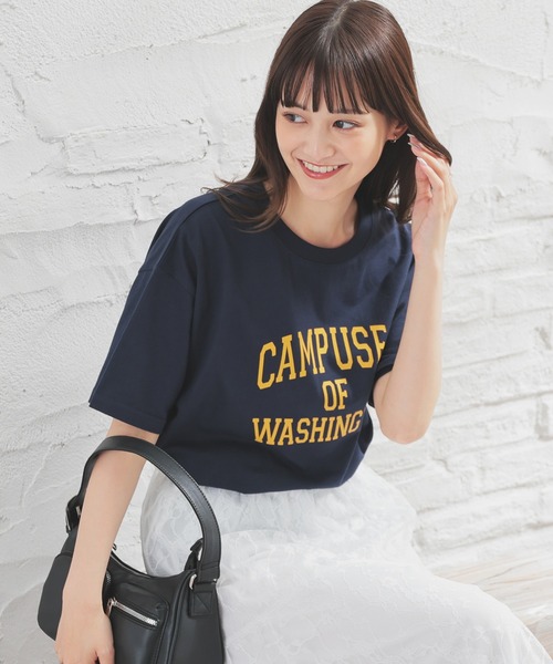 Honeys(ハニーズ)の「【UVカット】カレッジロゴゆるTシャツ(Tシャツ/カットソー・レディース・ホワイト/グリーン/ネイビー/スミクロ/オートミール・S/M/LL/L)」の1枚目の写真