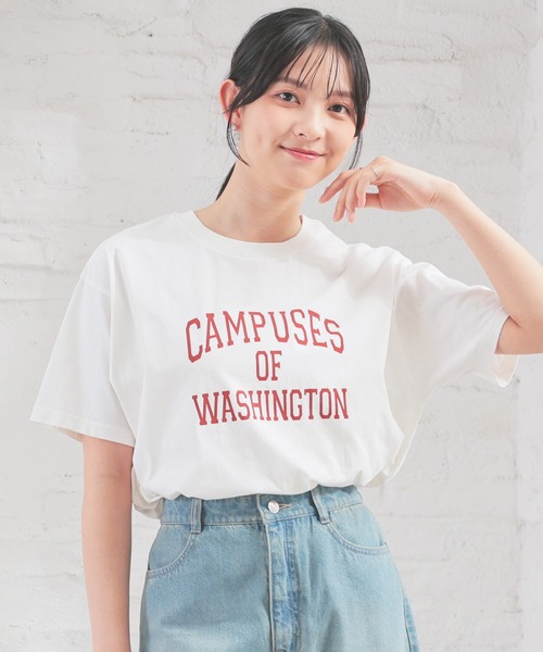 Honeys(ハニーズ)の「【UVカット】カレッジロゴゆるTシャツ(Tシャツ/カットソー・レディース・ホワイト/グリーン/ネイビー/スミクロ/オートミール・S/M/LL/L)」の2枚目の写真