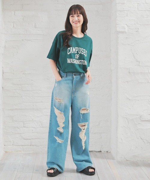 Honeys(ハニーズ)の「【UVカット】カレッジロゴゆるTシャツ(Tシャツ/カットソー・レディース・ホワイト/グリーン/ネイビー/スミクロ/オートミール・S/M/LL/L)」の21枚目の写真