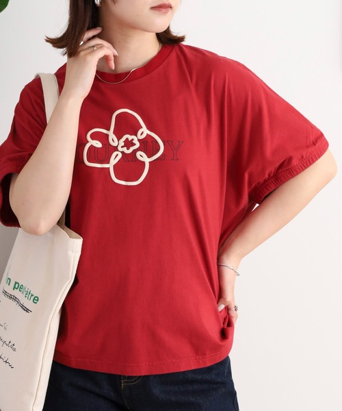 tシャツ EMAGO 花とロゴのプリントドルマンＴシャツ レディース EMAGO 花とロゴのプリントドルマンTシャツ（Tシャツ/カットソー