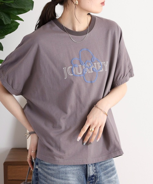 Emago(イマゴ)の「EMAGO 花とロゴのプリントドルマンTシャツ(Tシャツ/カットソー・レディース・レッド/チャコールグレー/ホワイト・FREE)」の15枚目の写真