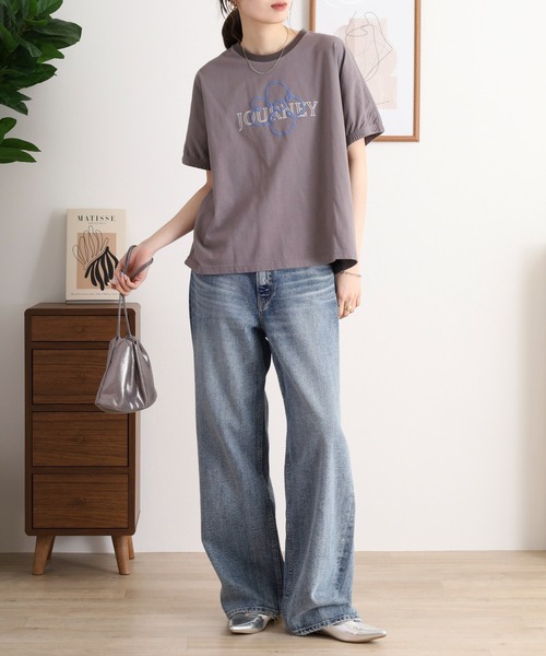 EMAGO 花とロゴのプリントドルマンTシャツ（Tシャツ/カットソー