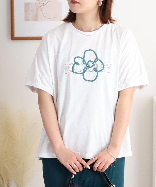 tシャツ EMAGO 花とロゴのプリントドルマンＴシャツ レディース Emago tシャツ EMAGO 花とロゴのプリントドルマンTシャツ