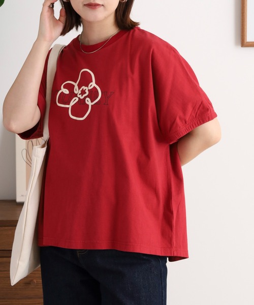 Emago(イマゴ)の「EMAGO 花とロゴのプリントドルマンTシャツ(Tシャツ/カットソー・レディース・レッド/チャコールグレー/ホワイト・FREE)」の13枚目の写真