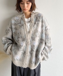 大人可愛いヴィンテージ調。モヘアタッチ前後2wayアンティークラグモチーフ柄ニットカーディガン(長袖)