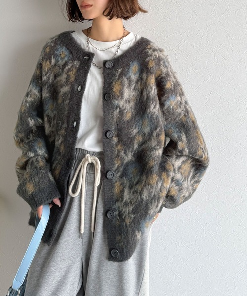 イタリー製ヴィンテージ70s鳥柄woolモヘアニットカーディガン イタリー製ヴィンテージ70s鳥柄woolモヘアニットカーディガン