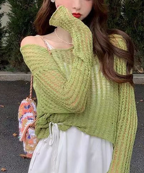 Songe（ソンジュ）の「透かし編みショート丈シアーニットトップス（ニット/セーター・レディース・グレー/ホワイト/ピンク/グリーン・FREE）」の3枚目の写真